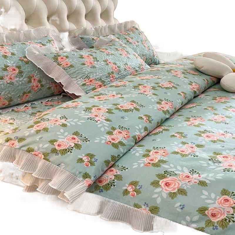 New Pure Cotton Environmental Protection Digital Printing Flower Fairy Women's Lace Large Lace Bed Cover Three-Piece Set Four-Piece Set