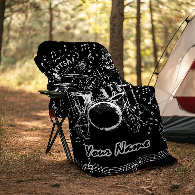 1PC Custom Name Music Drum Set Art flannel blanket versatile,all-season throw suitable for the living room,bedroom,camping,travel,and gift