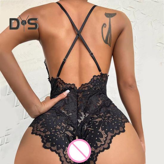 Sexy Dámské Body Průhledná vyhloubená krajka Mašlička Otevřený rozkrok Bez rukávů Sknny Nízký výstřih křížem na zádech nastavitelný popruh na špagety Svatba na líbánky