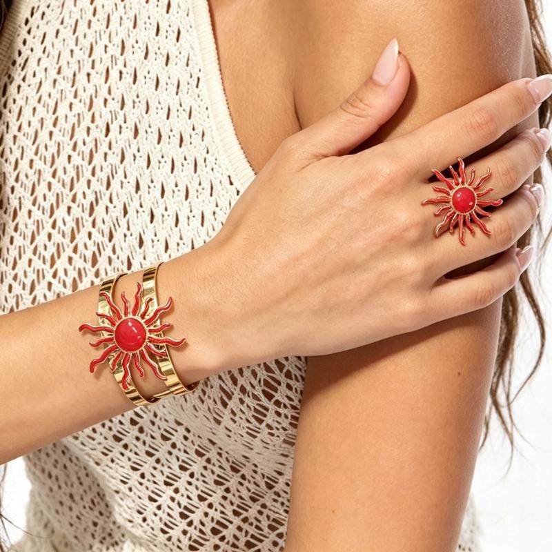 Adjustable Jewelry Set with Sun Design Bracelet and Ring, Matching Two Piece Accessory for Party Styling and Gifts