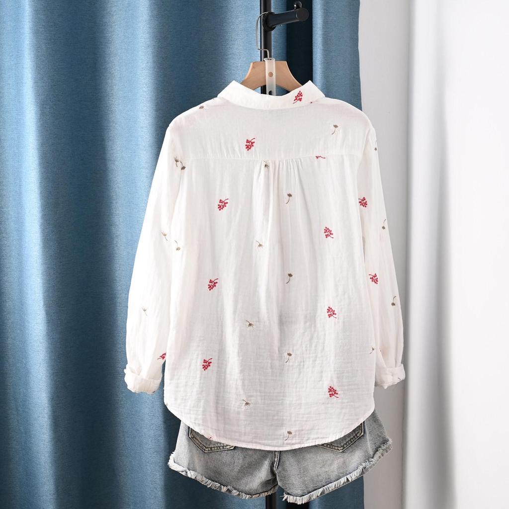 Double-Layer Gauze Floral Embroidered Long-Sleeve Autumn Shirt for Women