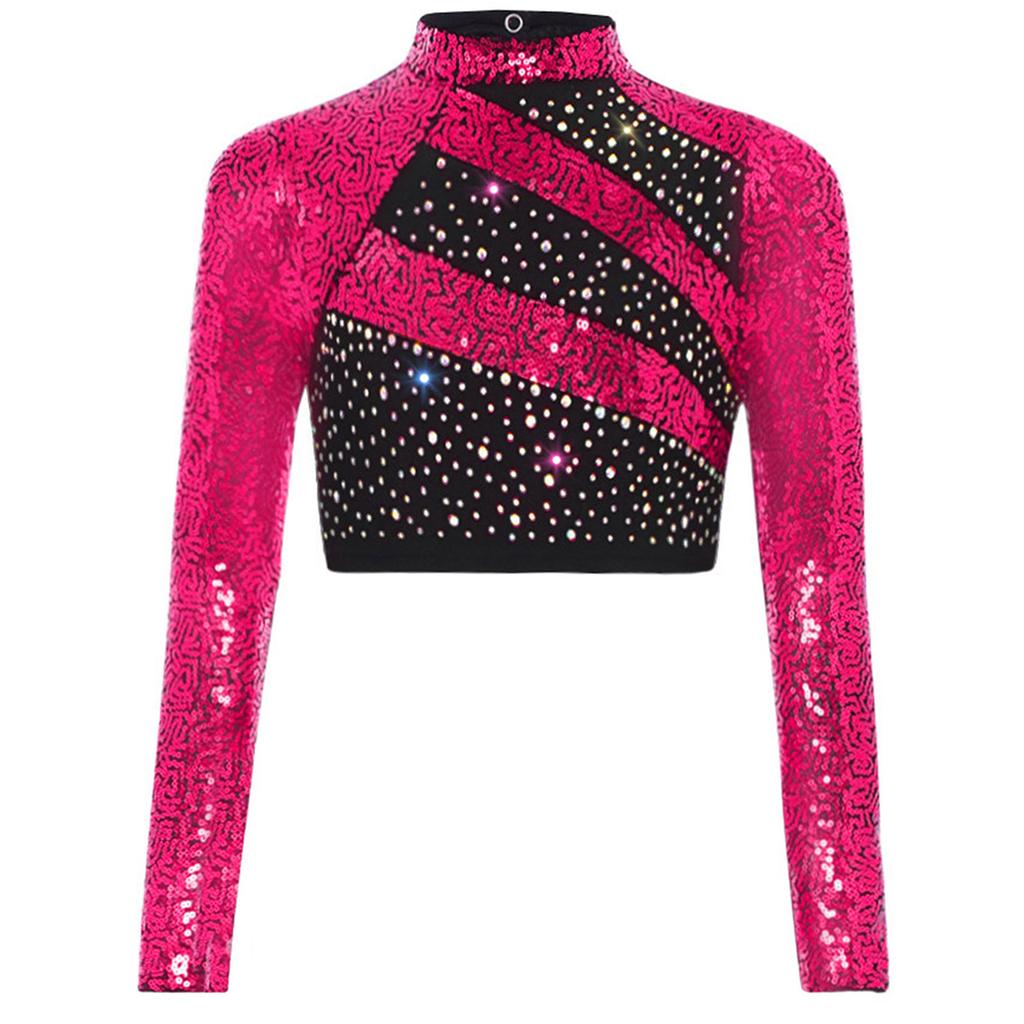Mädchen Rollkragen Langarm Pailletten Strass Crop Top Cutout Rücken Druckknopf Tanz Top
