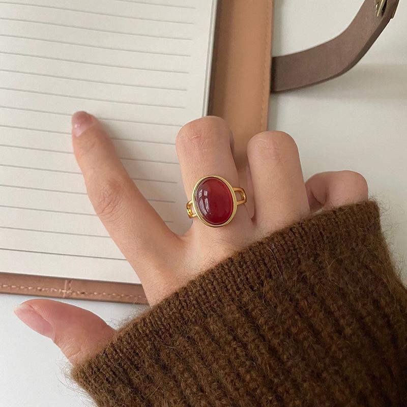 Elegant Retro Red Oval Geometric Ring for Women – Adjustable, Trendy Court Style Design Adjustable Open Design