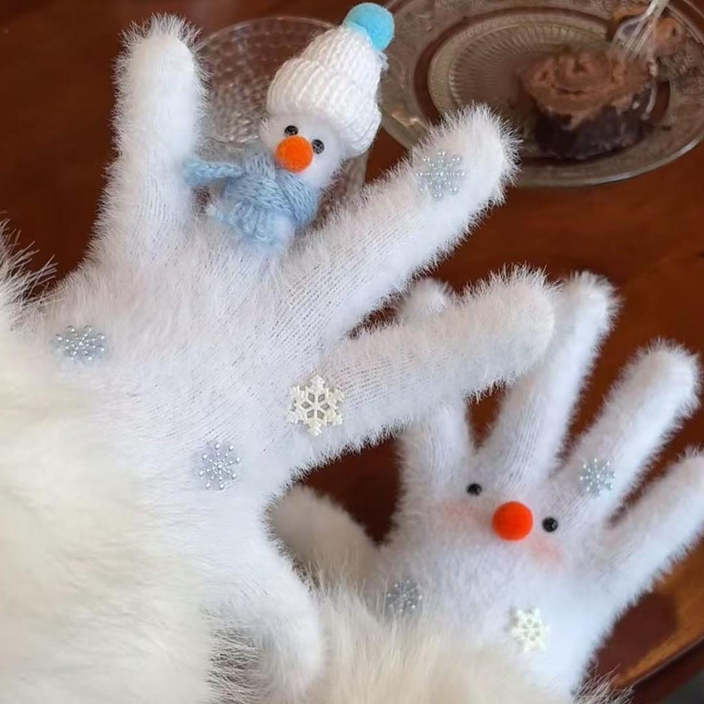 Newcomer's Discount: Women's Mink Fur Gloves - Cute, Warm Snowman Design for Winter