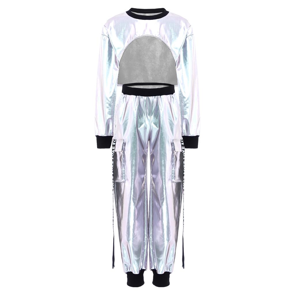 Girls Dance Clothing Set Glossy Metallic Workout Top and Pocket Pants Hip Hop Jazz Street Performance Outfit