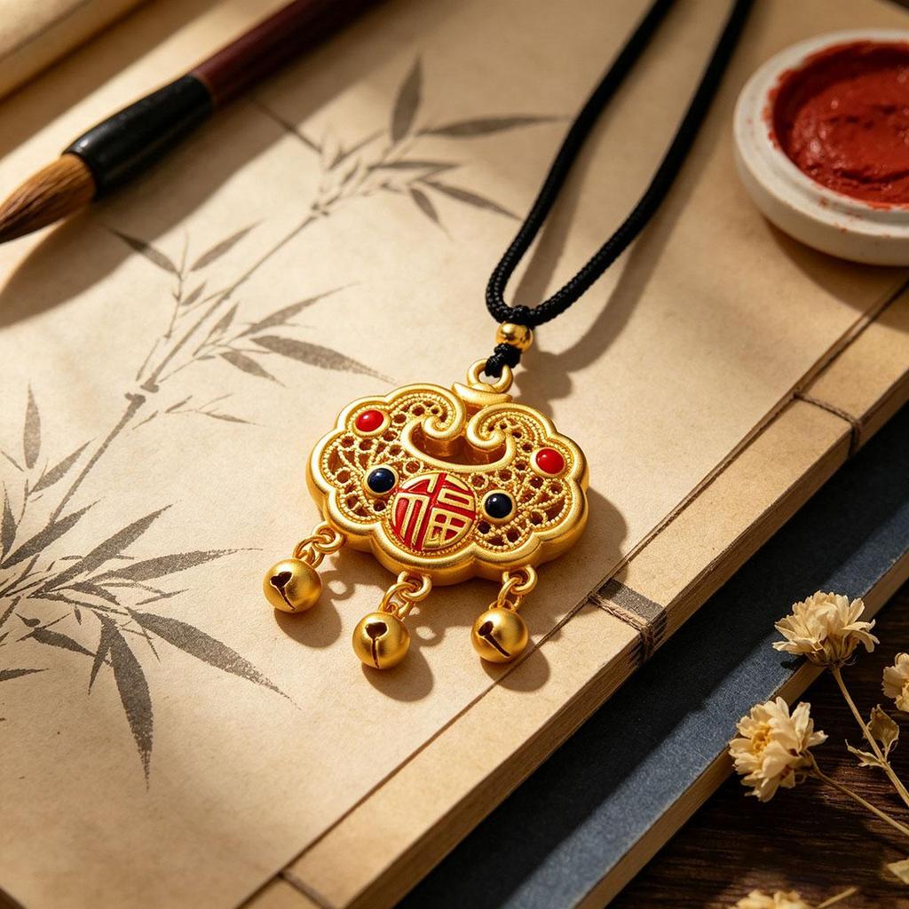 Safety Lock Blessing Character Bell Necklace, New Style, Niche Design, Daily Wear, National Style Pendant, New Chinese Style
