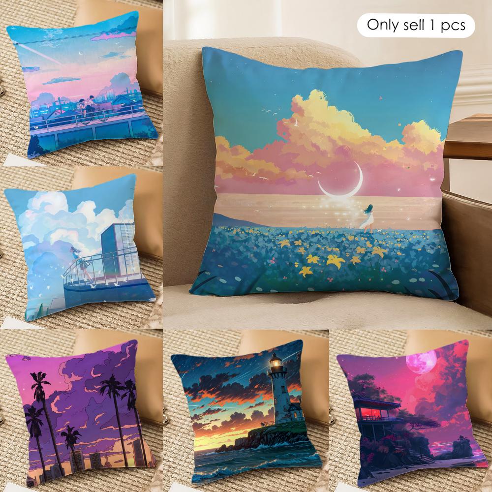 Anime Scenery Design Cushion Cover Silky Short Plush Invisible Zipper Dustproof Sofa Pillow Case for Home Decor