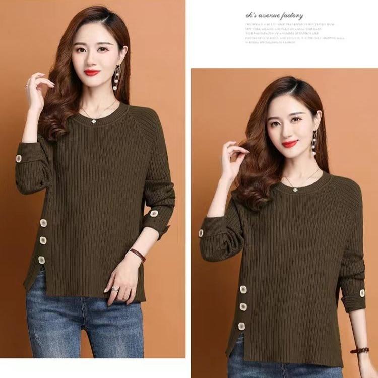 Fall/Winter Women's Crewneck Sweater Loose Slit Knitwear Pullover Solid Color Stretch Knit Top