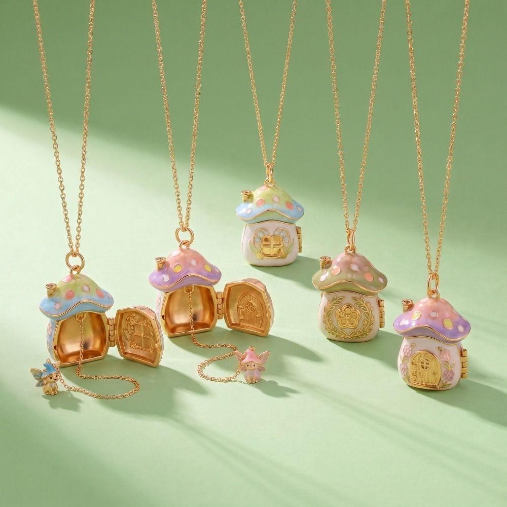 Openable Lid Photo Box Locket Macaron Gradient Fairy Pendant Sweet Mushroom Necklace Daily