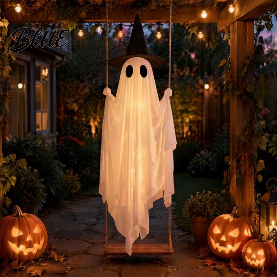 Animierte Halloween-Hoffiguren Leuchtendes Hängendes Schaukelgeister mit Hexenhut Fernbedienung Verstellbar Einfache Montage Requisiten Helligkeit Fliegend