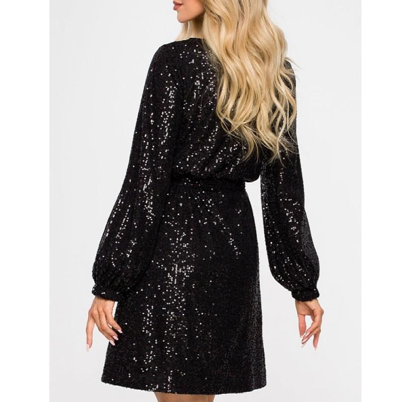 Women Dress Shiny Sequin Round Neck Long Sleeve Lace-up Tight Waist Sparkling Soft Commute Club Party Above Knee Length Mini Dress
