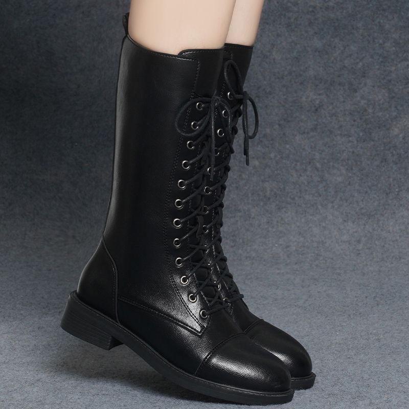 Autumn Winter Black Leather with Laces Fleece-Lined Mid Calf Shoes Woman Comfortable and Elegant Sale Half High Boots for Women