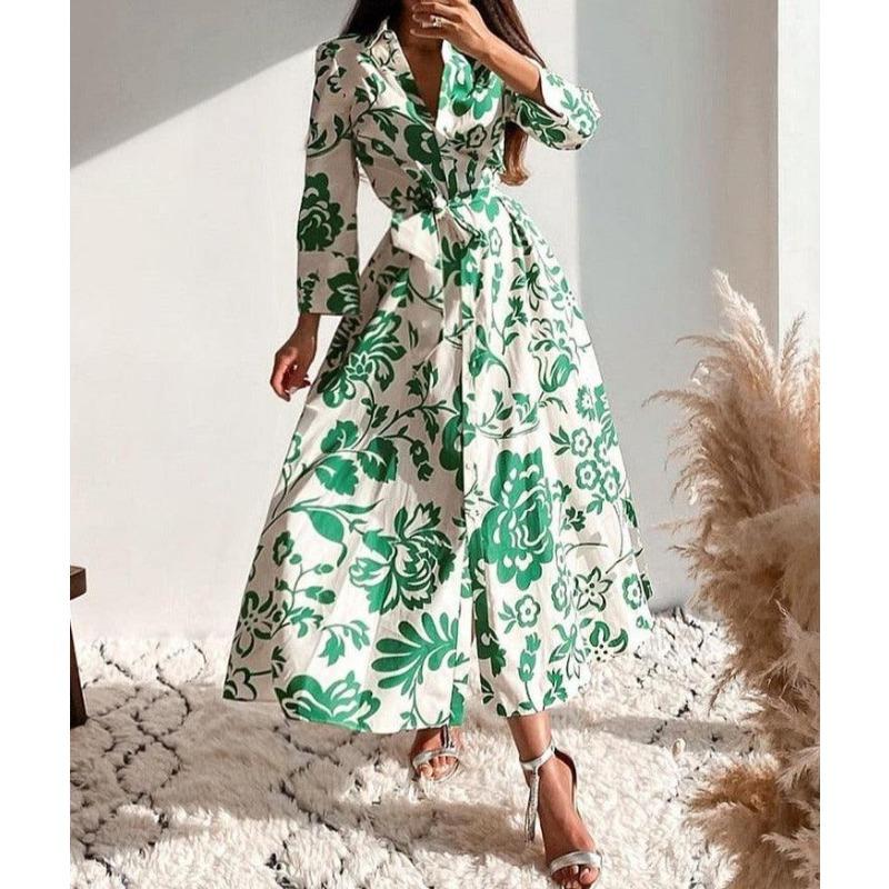 Nouvelle Robe Chemise Ample à Fleurs Imprimées Élégante pour Femmes Revers Style Décontracté Lacée Fête Mi-Longue Vêtements Cardigan Boutonné