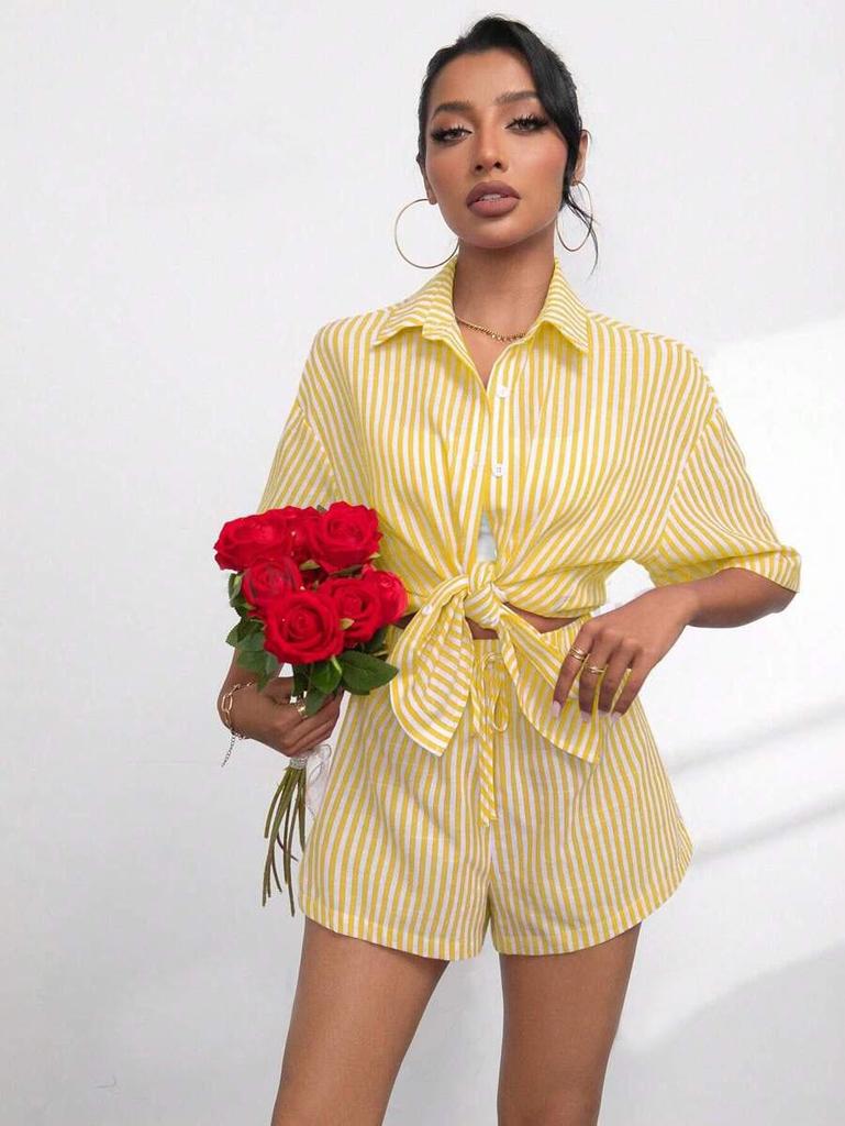 Summer 2025 Women's Lapel Casual Striped Two-Piece Set