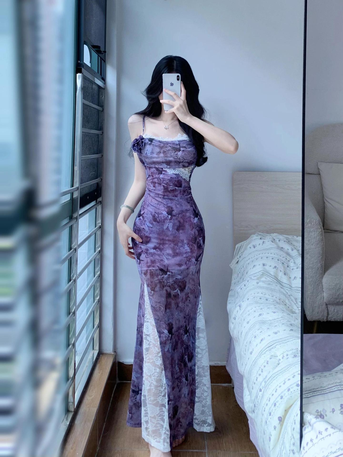 

Pure desire sexy spice girl lace splicing flower floral suspender dress women s summer waist hip fish tail long skirt S