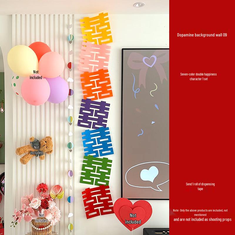 Dopamine Wedding Décor Set: Double Happiness Stickers & Bride's Bedroom Sofa Photo Backdrop Wall Décor