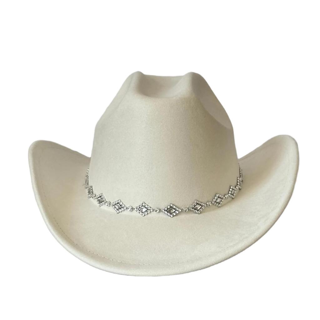 Rhombus Rhinestone Suede Cowboy Hat - Upturned Brim, Fluffy Design, Perfect for Parties or Gifts