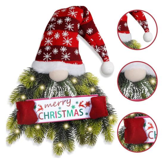 Yousheng Lighted Christmas Gnome Wreath Artificial Pine Spruce Wreath for Front Door Swedish Tomte Hanging Sign for Xmas Porch Indoor Outdoor Home