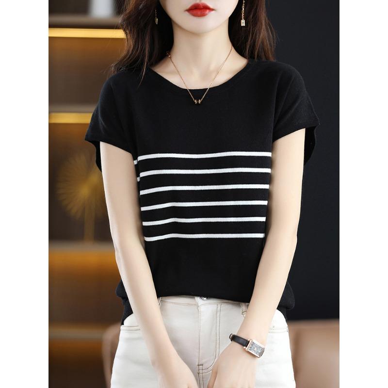 

Женская футболка-свитер с круглым вырезом и полосками из чистого хлопка, летняя новинка, простая и универсальная, с коротким рукавом, мягкий топ XXL чёрный