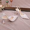 Fashion French White Lace Stiletto Heels Pointy Rhinestone Sequins Sexy One-Line Buckle With Bun Toe Sandals For Women