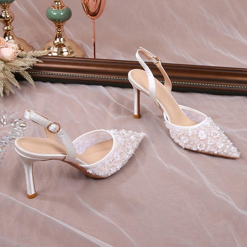 Fashion French White Lace Stiletto Heels Pointy Rhinestone Sequins Sexy One-Line Buckle With Bun Toe Sandals For Women