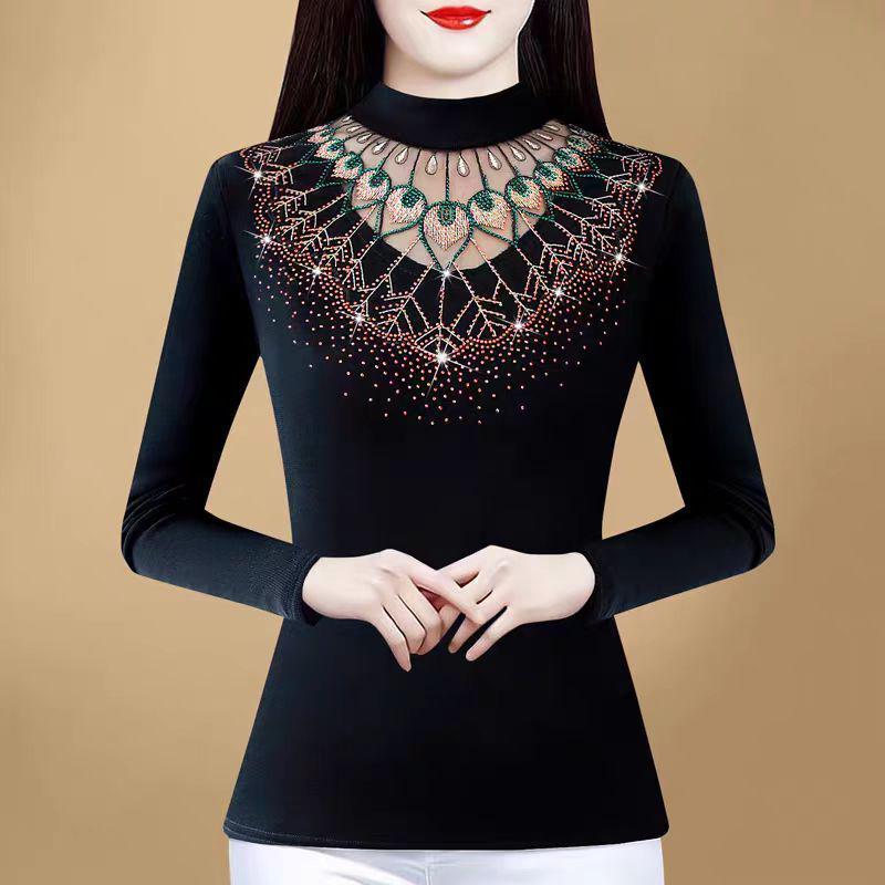 

2025 Autumn/Winter Women s Lace Solid Color Slimming Base Layer Top 3XL