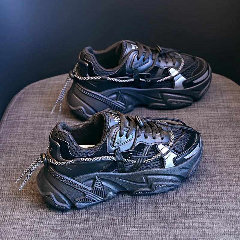 

мода Зимняя женская обувь мода на шнуровке спортивная обувь дышащая повседневная женская обувь кроссовки на платформе zapatillas mujer 2024 35 чёрный