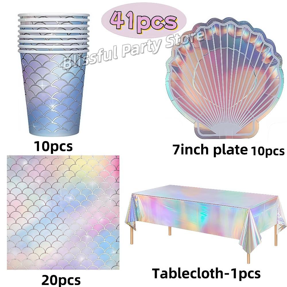 Meerjungfrau Geburtstagsparty Dekorationen Geschirr Teller Tasse Serviette Ballon Hängendes Banner Party Deko Mädchen Mitgebsel Babyparty Zubehör