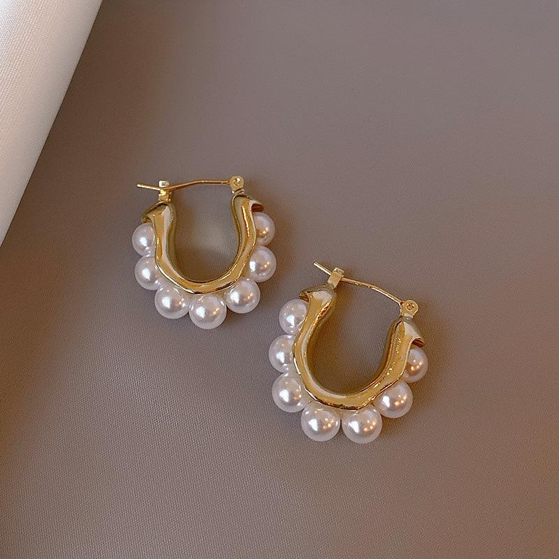 Elegant Imitation Pearl U-Shaped Gold Hoop Earrings for Women, Wedding Party Jewelry, Perfect Birthday & Holiday Gifts золотистый