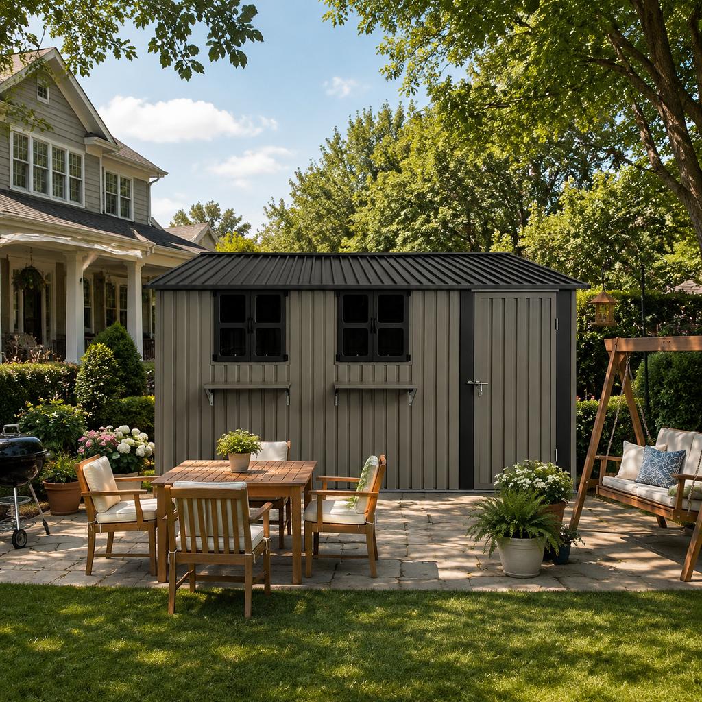 Galvanized Steel Garden House 359.4 cm x 284.2 cm (10.21 m²), Brown, with 3 Openable Windows, Lockable Double Doors and Flower Rack