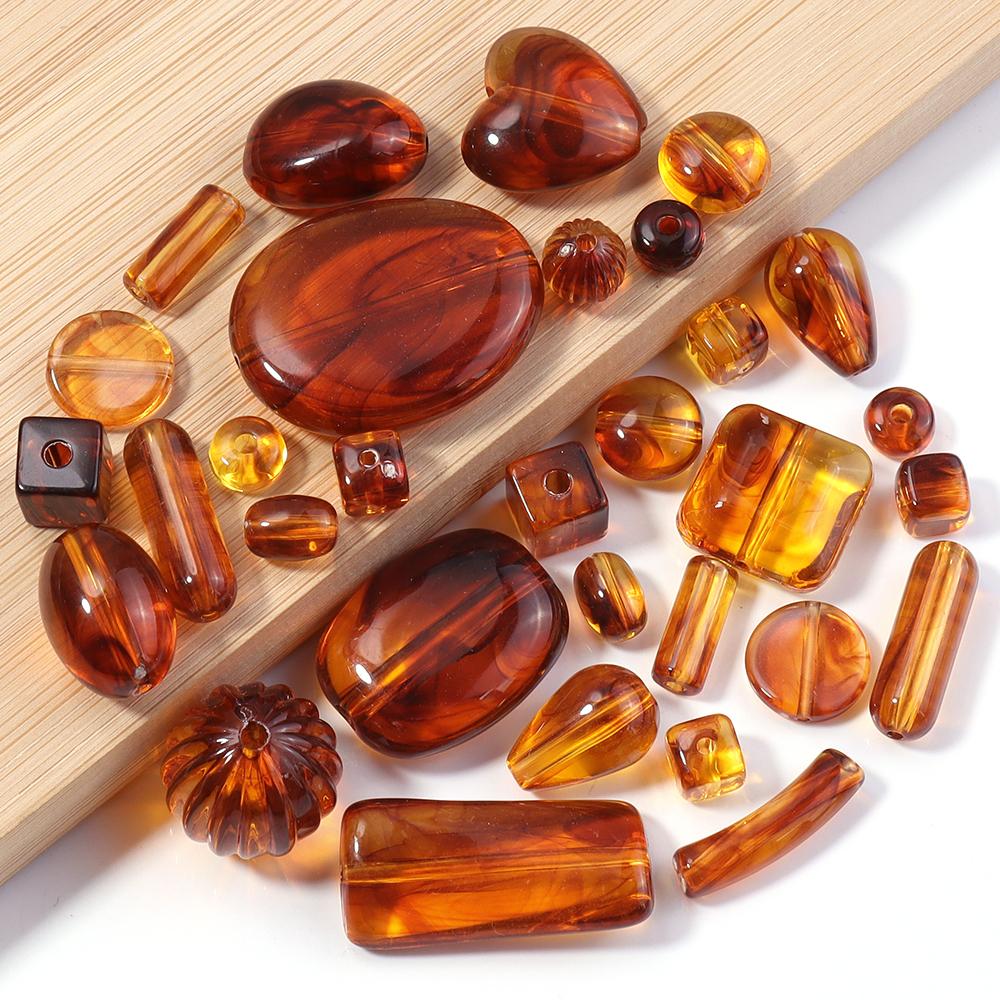 10-100pcs/lot Amber Color Acrylic Beads Oval Heart Pumpkin Shape Loose Spaced Beads For DIY Charms Bracelet Necklace Accessories
