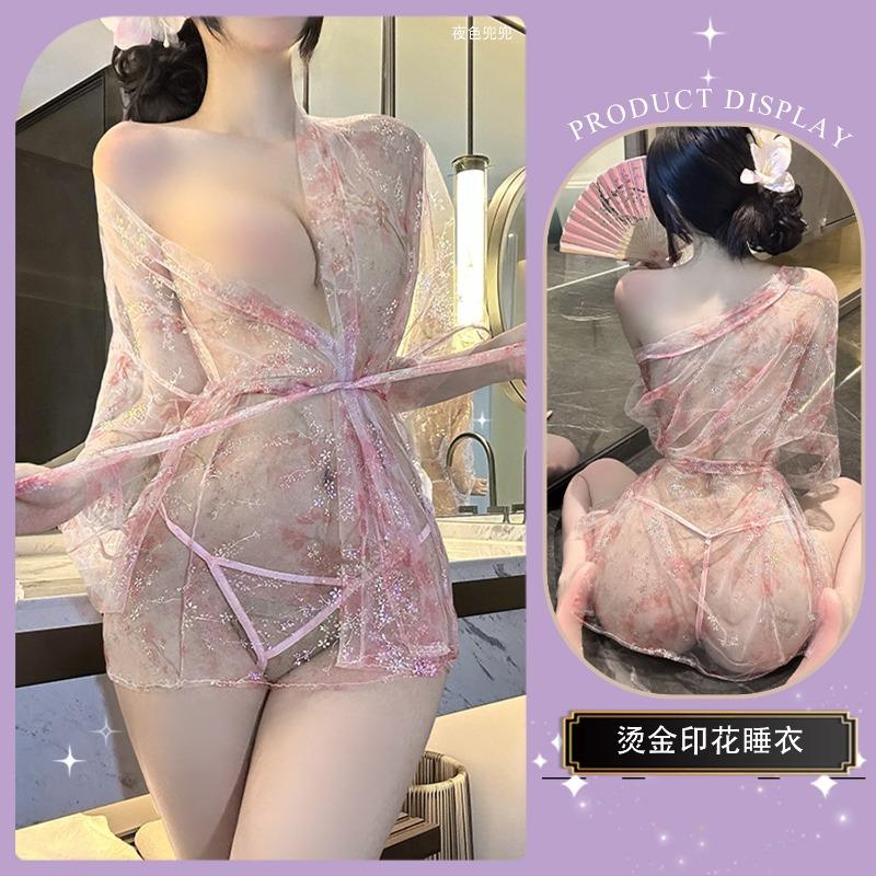 Sexy Lingerie Collar Bathrobe One-word See-through Blouse Sexy Pajamas Bronzing Print Cardigan and Clothing