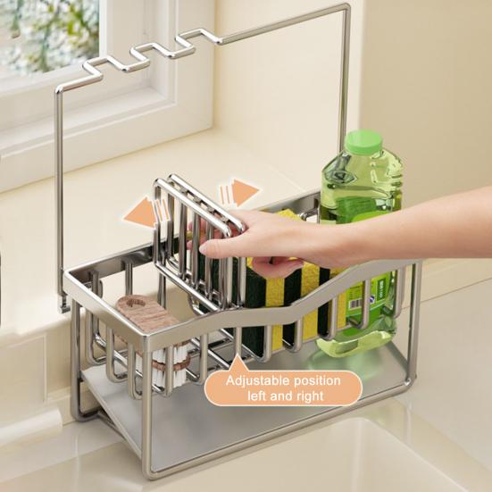 Kitchen Sink Caddy Stainless Steel Sponge And Brush Holder with Adjustable Divider Auto Drain Tray Countertop Organizer for Utensils Dish Soap Bottle