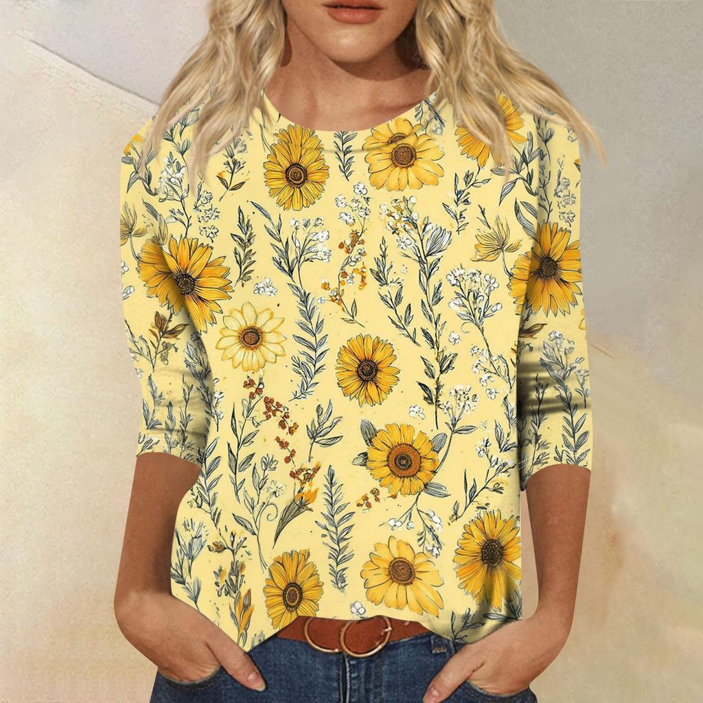 Top T-shirt casual alla moda da donna con scollo rotondo, manica a tre quarti e stampa