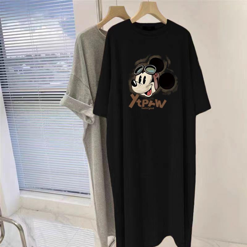 Dames trendy merk jurk met korte mouwen in grote maat zomer los katoenen T-shirt rok over de knie dik meisje temperament dunne lange jurk XXL gray