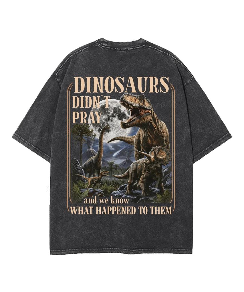 Dinosaurs Didn’t Pray Prehistoric Dinosaur Landscape Graphic Front Back Vintage Washed T-shirt Unisex Oversized Tee Casual Tops