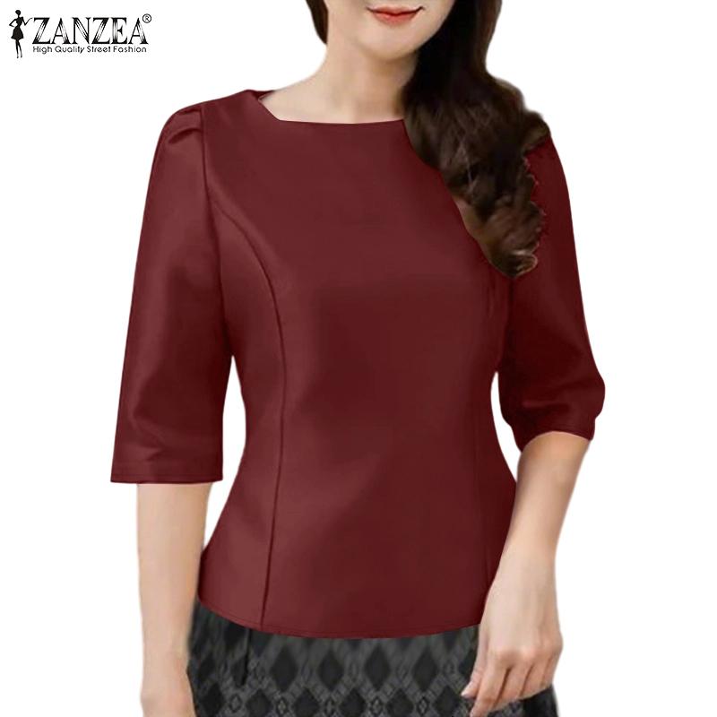 ZANZEA Lässige Damen-Bluse mit O-Ausschnitt und einfarbigen 3/4-Ärmeln