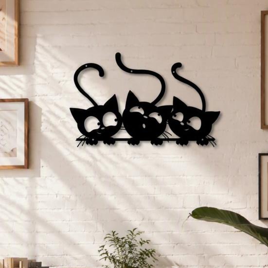 Cute Nursery Wall Decor Metal Black Cat Art, Cartoon Kitten Silhouette Decoration, Decorative Creative Lover Gifts Sculpture for Lovers, Minimalist