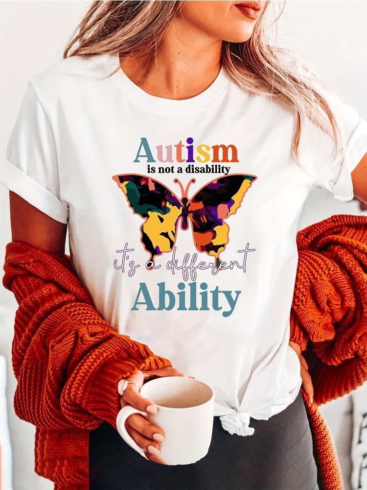 

Womens Autism Awareness Butterfly Print Inspirational Quote TShirt Vibrant ColorBlock Design Soft Crew Neck Casual Top 4XL