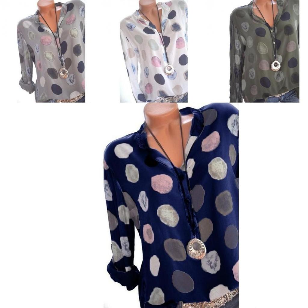 Elegant Women Fashion Polka Dots Print Chiffon Blouse With Long Shirt Sleeves