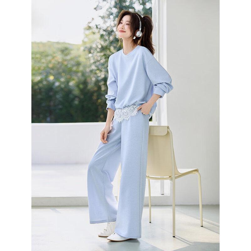 Women s Spring Lace Trim Sweatshirt & Wide-Leg Pants Set L
