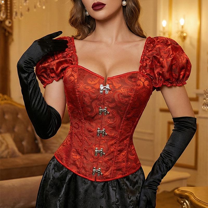 Retro Red Brocade Puff Sleeve Fishbone Bodice Corset with Square Neck Jacquard