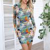 Women's V-neck Casual Print Long-sleeved Fitted Dress