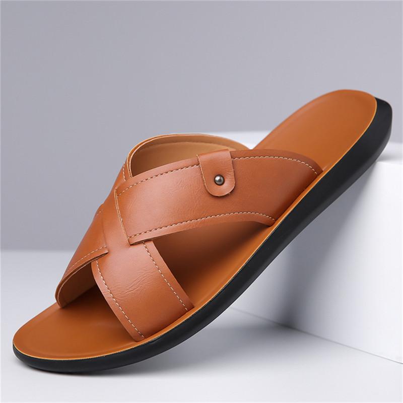 Summer Men Classic Lightweight One-line Slippers Men Anti-slip Pu Leather Casual Cool Slippers With Soft Beach Vacation Shoes