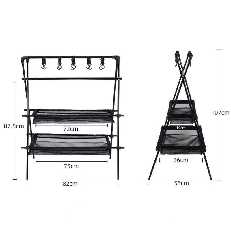 Camping Triangle Shelf Aluminum Alloy Folding Double-Layer Large Capacity with Hook Net Bag Outdoor Glamping Picnic Hanging Rack