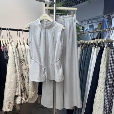 Conjunto de Dos Piezas para Mujer: Blusa sin Mangas y Pantalones de Pierna Ancha Cuello Alto Cintura con Lazo Color Liso Informal Mezcla de Lino
