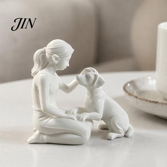 Jedinečná ručně vyráběná památka na mazlíčka 3D tištěná figurka dívky se psem, minimalistická dřepící socha pro domácí dekoraci, emoční dárek soustrasti, léčení