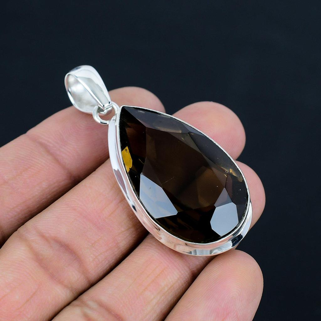 Natural Faceted Smoky Quartz Gemstone Pendant, 925 Sterling Silver, Pendant Jewelry, Handmade Silver Pendant Jewelry for Gift, Easter Gift