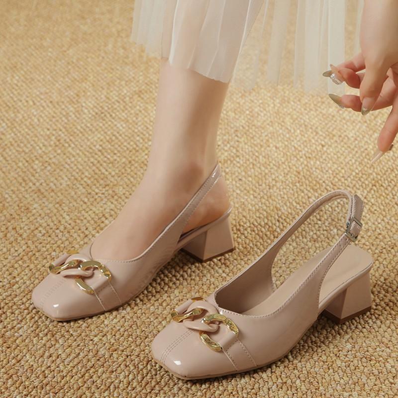 Foreign style outer wear solid color sandals 2025 summer one-word buckle with skirt single shoes thick heel non-slip fashion shoes foreign trade