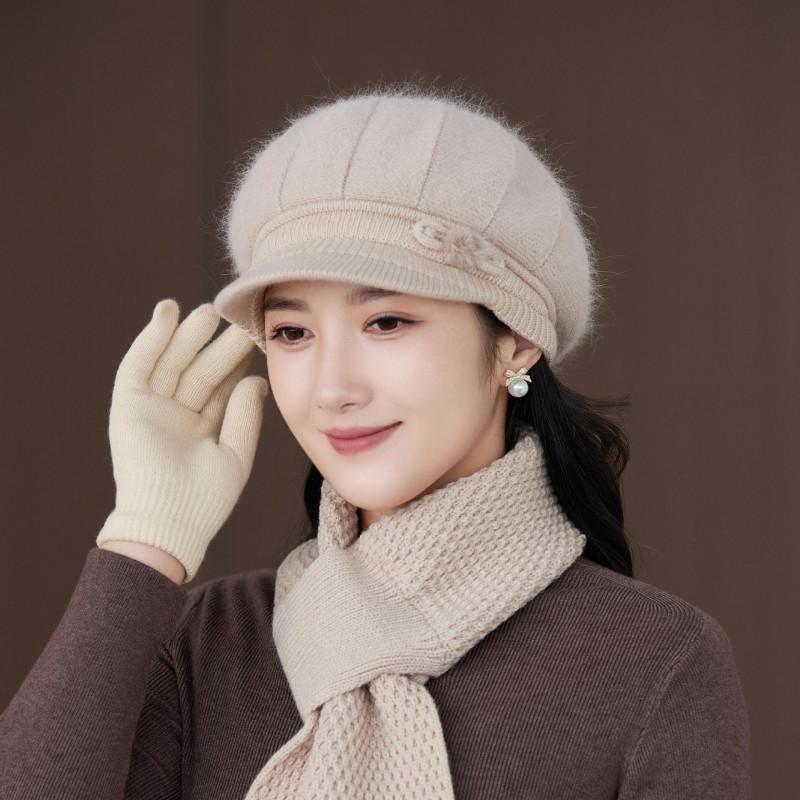 Womens Warm Knitted Beanie Hat With Rabbit Hair Blend Winter Cap Elderly Ladies Short Brim Style